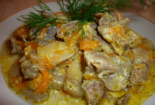 Как приготовить куриные желудки с картошкой и грибами?
